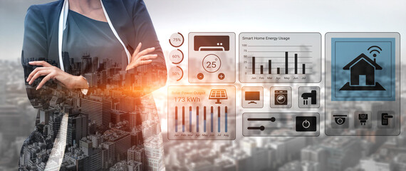 Obraz premium A businesswoman stands confidently in front of a smart home technology interface, showcasing energy management solutions against an urban skyline, symbolizing innovation. Gantry