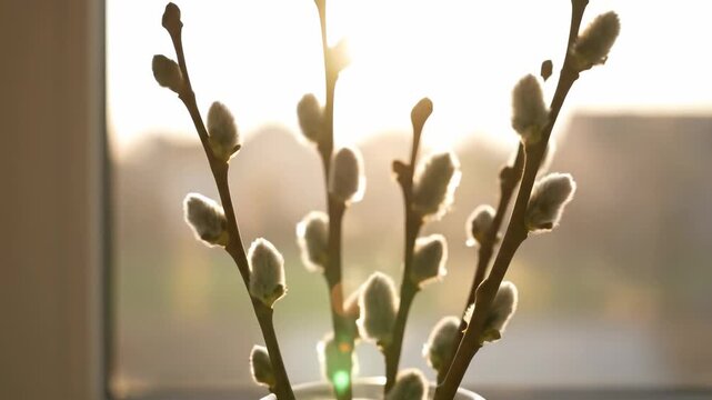 illow branches with fluffy buds in a glass jar on a windowsill against a blurred sunset background with warm light leaks. Concept of spring awakening and easter mood