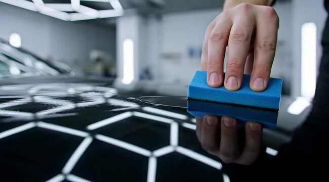 Professional car detailing: Applying a liquid ceramic coating to a black car&rsquo;s paint surface using a sponge applicator in a modern garage.