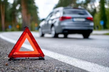 Roadside Emergency Triangle and Vehicle on a Highway During a Sunny Day in a Forested Area
