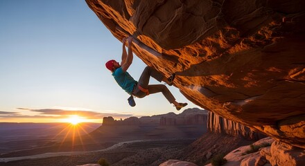 Fototapeta premium Rock climber scaling a steep cliff face at sunset