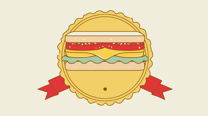 A colorful layered sandwich illustration with tomatoes, lettuce, and cheese, in a yellow badge with a red ribbon