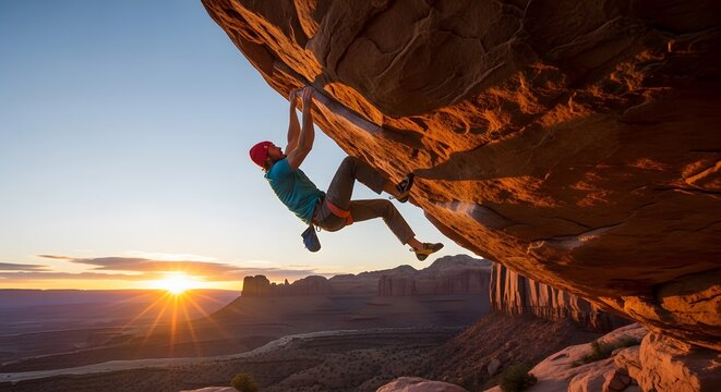 Rock climber scaling a steep cliff face at sunset