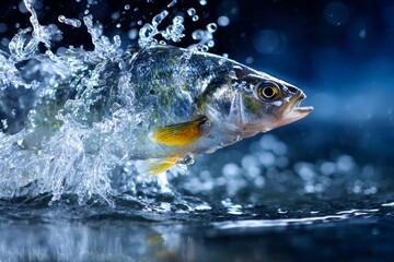 Fototapeta premium Fish Jumps out of Water Causing Splash During Daytime in a Lake or River