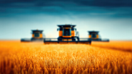 Fototapeta premium Blurred background of agricultural machinery harvesting wheat in a field, out-of-focus image, silhouettes of combines, yellow field, blue sky, harvest, tractor, farming, wheat ears