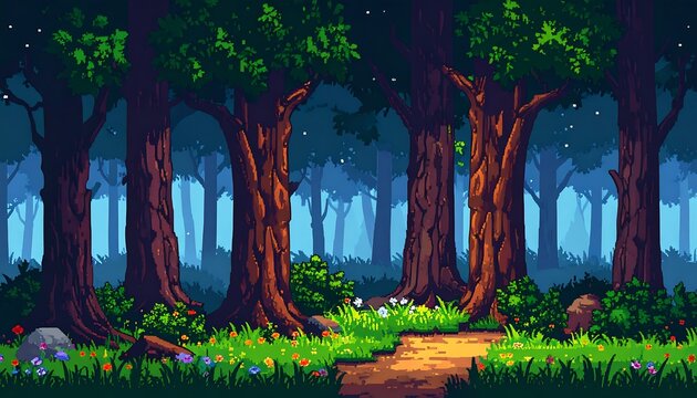 Pixelated forest scene with tall trees, lush foliage, a path, and a misty background under a starlit sky