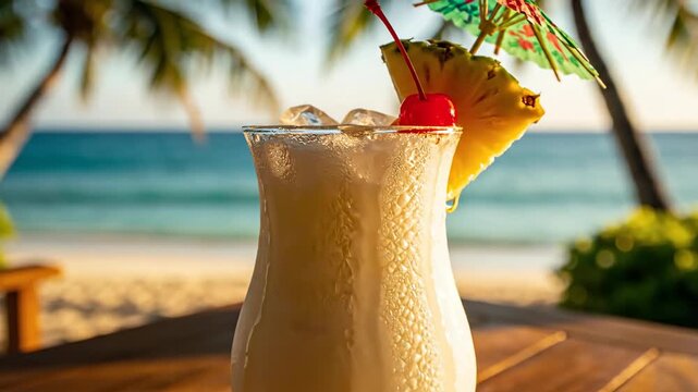 A frosty pina colada with a cherry, pineapple, and umbrella on a wooden table with beach and palm trees behind
