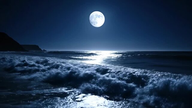 A serene night seascape featuring the full moon. Waves crash on the shore reflecting moon glow