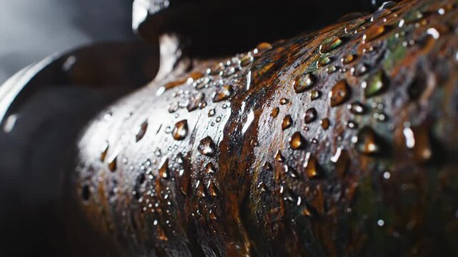 Close-up of a damp, textured, rusty metal pipe glistening with droplets of water