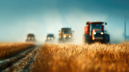 Fototapeta premium Blurred background of agricultural machinery harvesting wheat in a field, out-of-focus image, silhouettes of combines, yellow field, blue sky, harvest, tractor, farming, wheat ears