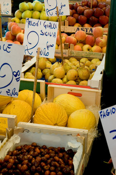 Italy, Venice, fresh produce for sale at the Rialto Market.