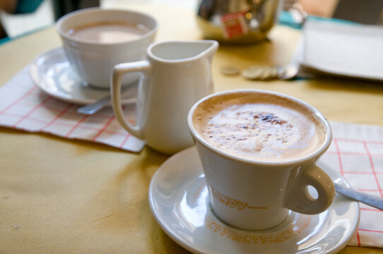 Italy, Tuscany, Pienza.  Cappuccino, milk, and caf&eacute; Americano 