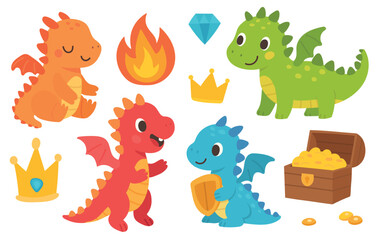 Obraz premium Cute dragon set with crown, treasure chest and fire flame, magical fantasy clipart for birthday themes and storybook projects
