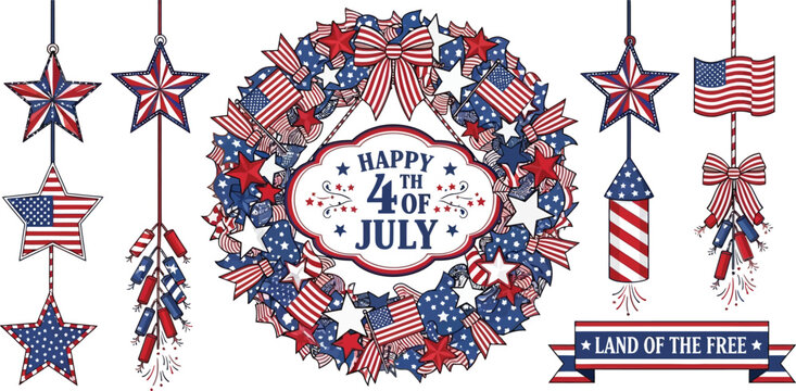 Patriotic Fourth of July decorations featuring stars, flags, bows, and a central wreath display.