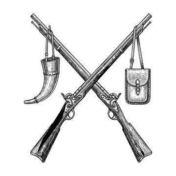 Crossed antique rifles with powder horn and pouch.