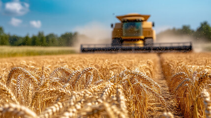 Blurred background of agricultural machinery harvesting wheat in a field, out-of-focus image, silhouettes of combines, yellow field, blue sky, harvest, tractor, farming, wheat ears
