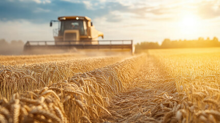 Fototapeta premium Blurred background of agricultural machinery harvesting wheat in a field, out-of-focus image, silhouettes of combines, yellow field, blue sky, harvest, tractor, farming, wheat ears