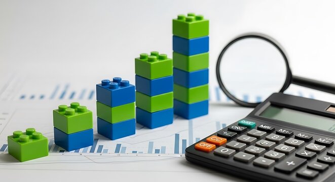 Green and blue Lego blocks stacked on a financial chart with a calculator and magnifying glass