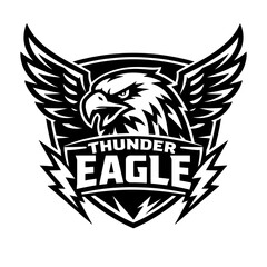 Naklejka premium Thunder Eagle logo design with bold typography and sharp graphics, perfect for sports teams and outdoor brands, symbolizing strength and power