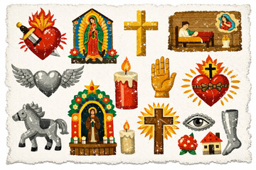 Naklejka premium Mexican Religious Folk Art Icon Set with Sacred Hearts, Milagros Charms, Ex-voto Plaques, and Shrines in Distressed Vector Style