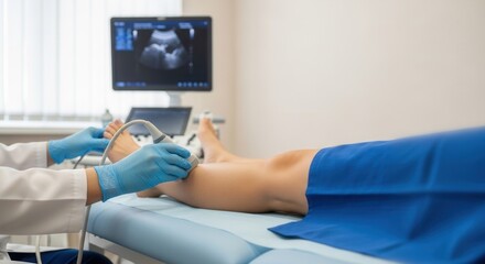 Obraz premium Professional doctor performing ultrasound scan on female patient leg in clinic, medical diagnostic of varicose veins, blood vessels and vascular health checkup healthcare concept.