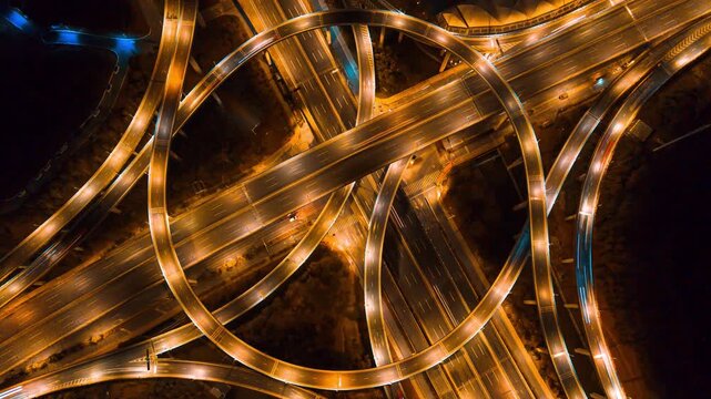 Hangzhou Highway Interchange at Night - Aerial Urban View