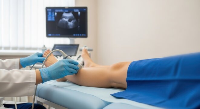 Professional doctor performing ultrasound scan on female patient leg in clinic, medical diagnostic of varicose veins, blood vessels and vascular health checkup healthcare concept.