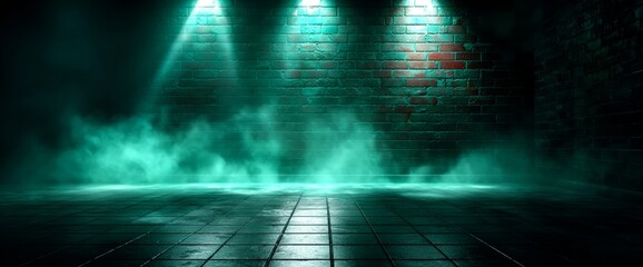 Fototapeta premium Smoke and Light Create a Dramatic Setting in a Dark Room With Green Lights and Fog on the Floor Near Red Brick Walls