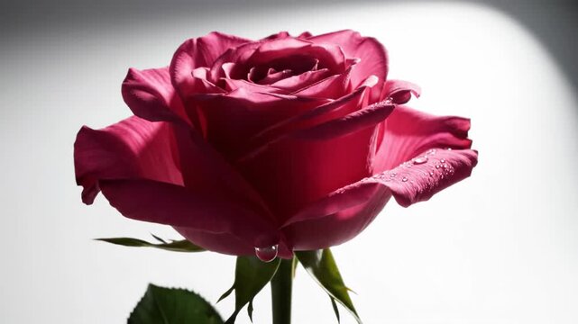 Close-up of a fuchsia rose, petals with droplets, backlit against a white backdrop, showing delicate details