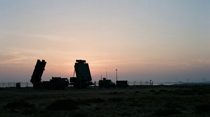 Obraz premium Air defense system radar and missile launcher at sunset
