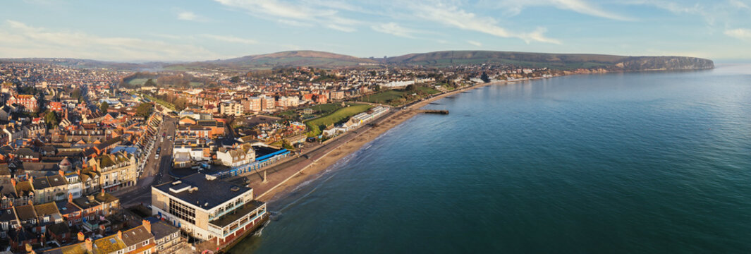 Aerial Panorama of Swanage Bay and Town on the Jurassic Coast, Dorset, UK
