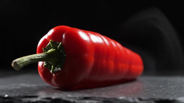 A glossy, red pepper resting on a dark surface, lit to highlight its form and texture