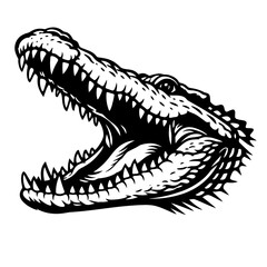 Naklejka premium Black and white crocodile head illustration with open mouth and sharp teeth, wildlife reptile danger sign