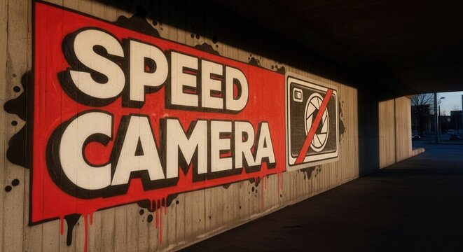 Speed Camera Signage Painted On Concrete Wall Warning Drivers To Slow Down To Avoid Fines