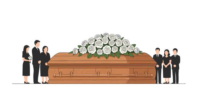 A light brown wooden coffin with carvings and golden handles is covered by white roses, flanked by mourners dressed in black on a white background.
