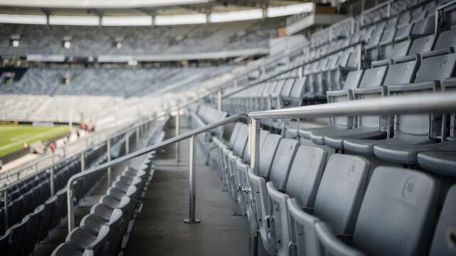 Empty upper deck grandstand seating in medium shot crisp focus on metallic railings and geometric seat patterns soft focus on distant game area below.