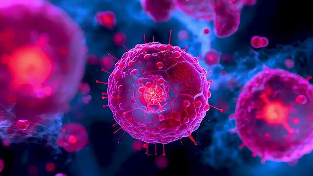 Glowing Purple Virus Particles With Spikes Floating In Vibrant Pink And Blue Fluid
