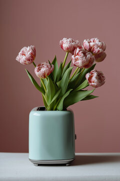 Tulips in a mint toaster vase on a table with slanted sunlight. Repurposed toaster holds a bouquet, bathed in warm side light. Spring, Mother's Day, Easter, home decor, minimalism.