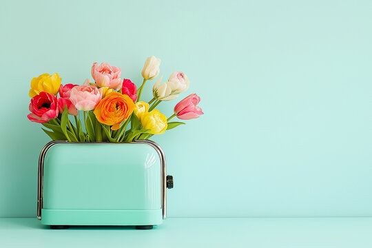 Tulips and ranunculus in a mint toaster vase on pastel background. Repurposed toaster holds a bouquet. Spring, Mother's Day, Easter, home decor, spring sale, modern art, minimalism.