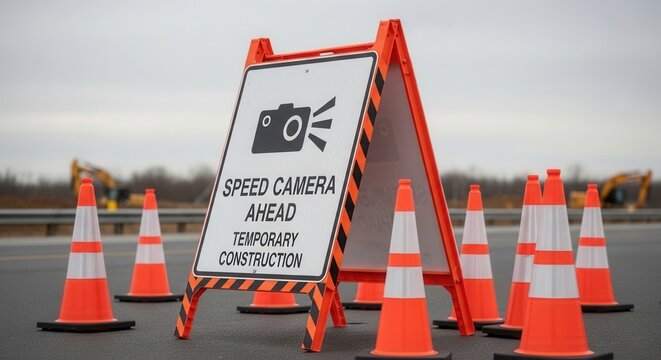 Speed Camera Warning Sign and Cones at Road Construction Area for Traffic Safety