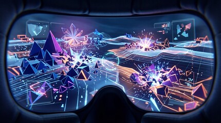 Fototapeta premium Immersive virtual reality world experience with glowing geometric shapes