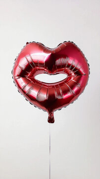 Lip fillers, augmentation concept. A red lips-shaped foil balloon floating on a white studio backdrop. Glossy red kiss balloon. Valentine's, romance, love, party, celebration, decoration.