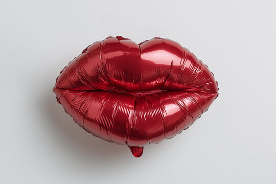 Lip fillers, augmentation concept. A red lips-shaped foil balloon floating on a white studio backdrop. Glossy red kiss balloon. Valentine's, romance, love, party, celebration, decoration.
