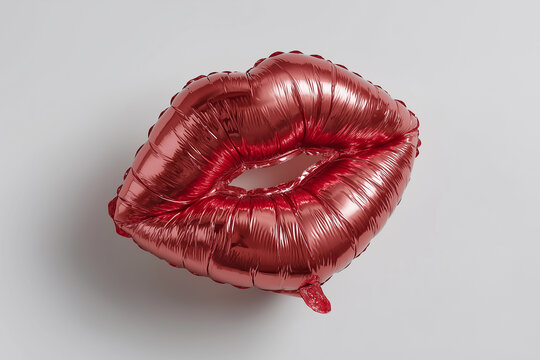 Lip fillers, augmentation concept. A red lips-shaped foil balloon floating on a white studio backdrop. Glossy red kiss balloon. Valentine's, romance, love, party, celebration, decoration.