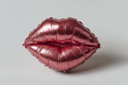 Lip fillers, augmentation concept. A red lips-shaped foil balloon floating on a white studio backdrop. Glossy red kiss balloon. Valentine's, romance, love, party, celebration, decoration.