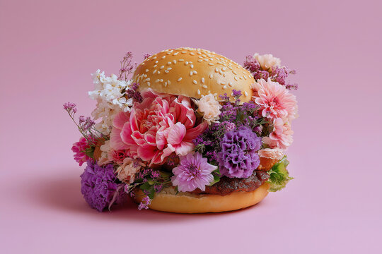 Burger bun filled with spring flowers on pink background. A floral sandwich staged close-up in studio lighting. Spring, Easter, Mother's Day, floral art, celebration, creative food.