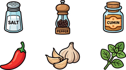 Fototapeta premium Flat design colorful spice icon set top view salt pepper cumin chili garlic basil with bold outlines on white background