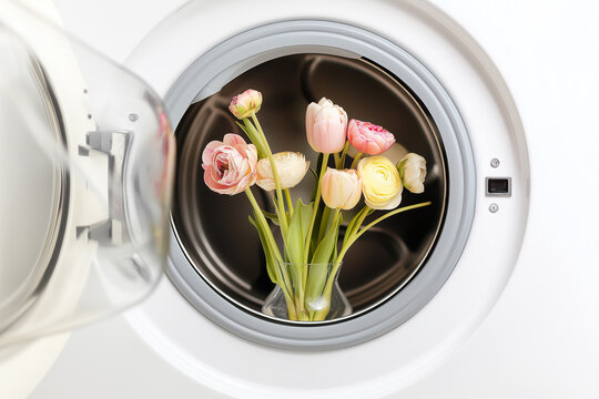 A pastel bouquet of ranunculus and tulips sits inside a front-loading washing machine drum. Flowers in a vase are visible through the open washer door. Spring, cleaning, surprise, Mother's Day, Easter