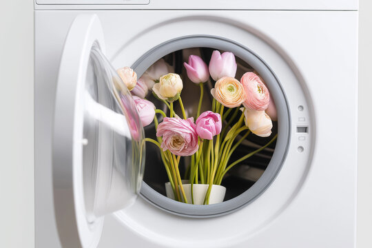 A pastel bouquet of ranunculus and tulips sits inside a front-loading washing machine drum. Flowers in a vase are visible through the open washer door. Spring, cleaning, surprise, Mother's Day, Easter