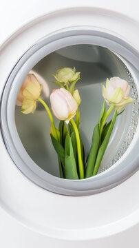 A pastel bouquet of ranunculus and tulips sits inside a front-loading washing machine drum. Flowers are visible through the open washer door. Spring, cleaning, surprise, Mother's Day, Easter